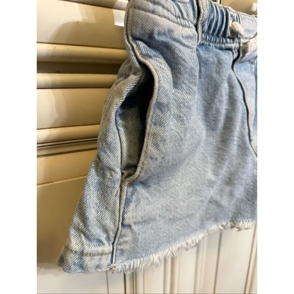 Zara Girls Elastic Waist Drawstring Frayed Denim Cut Off Short Wash Blue Size 8